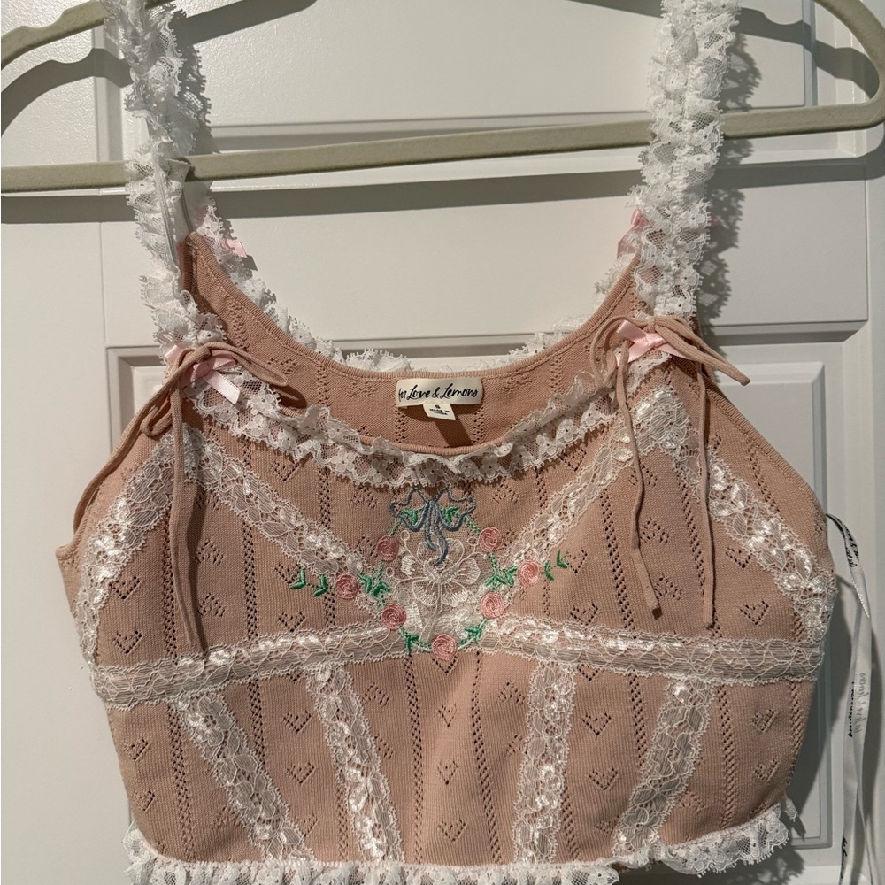 For Love & Lemons Blush Lace-Trim Embroidered Tank Bralette